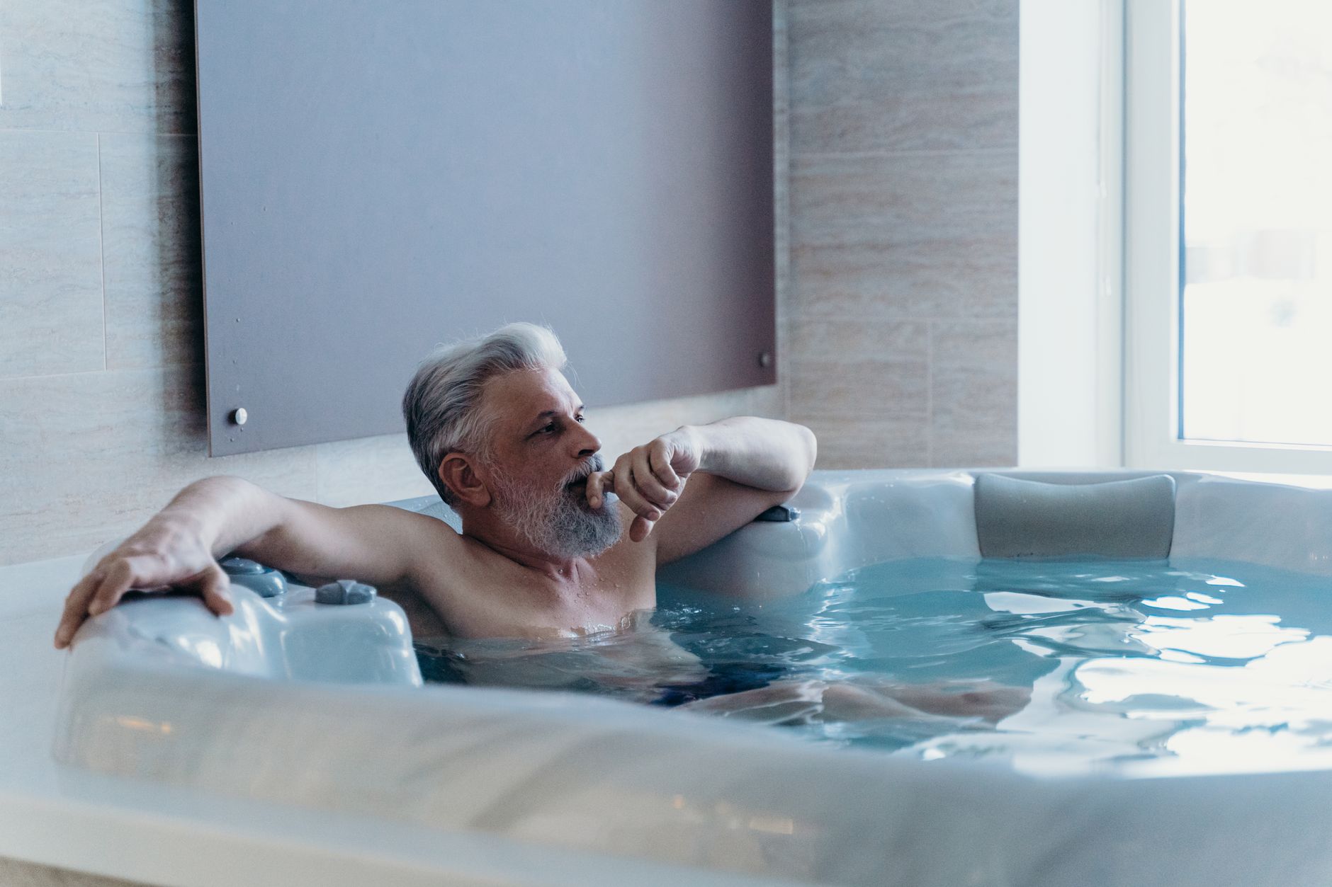 elderly man sauna relax