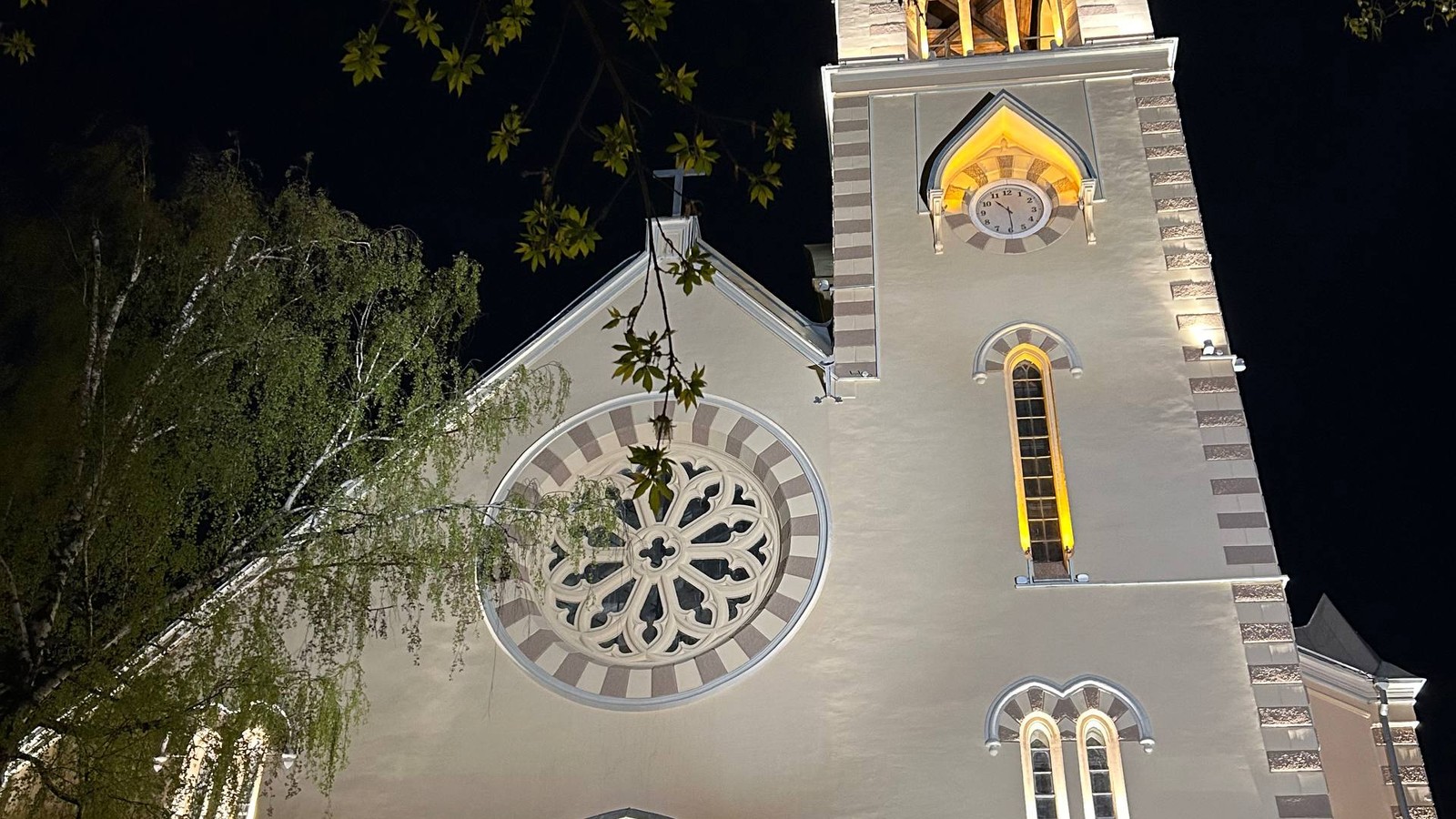 Подсвеченный собор Святых Петра и Павла ночью в Старосадском переулке